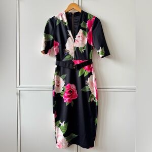 Ted Baker London Black Midi Dress with Pink and White Floral Pattern